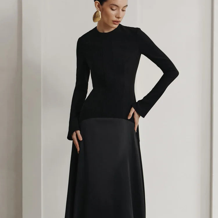 Black Long Sleeve Satin Patchwork Maxi Dress