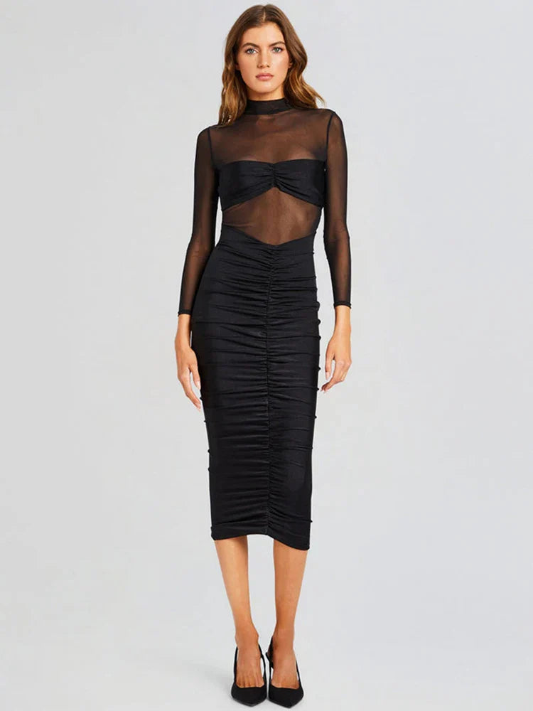 Black sheer long-sleeve dress with ruched skirt
