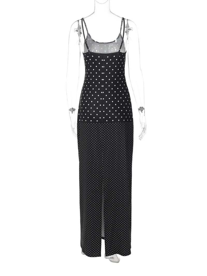 Spaghetti Strap Polka-Dot Slip Maxi Dress