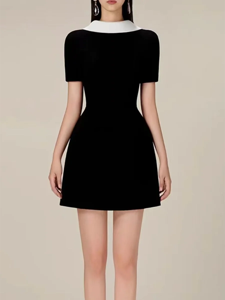 Black Velvet Short Sleeve Satin Trim Mini Dress