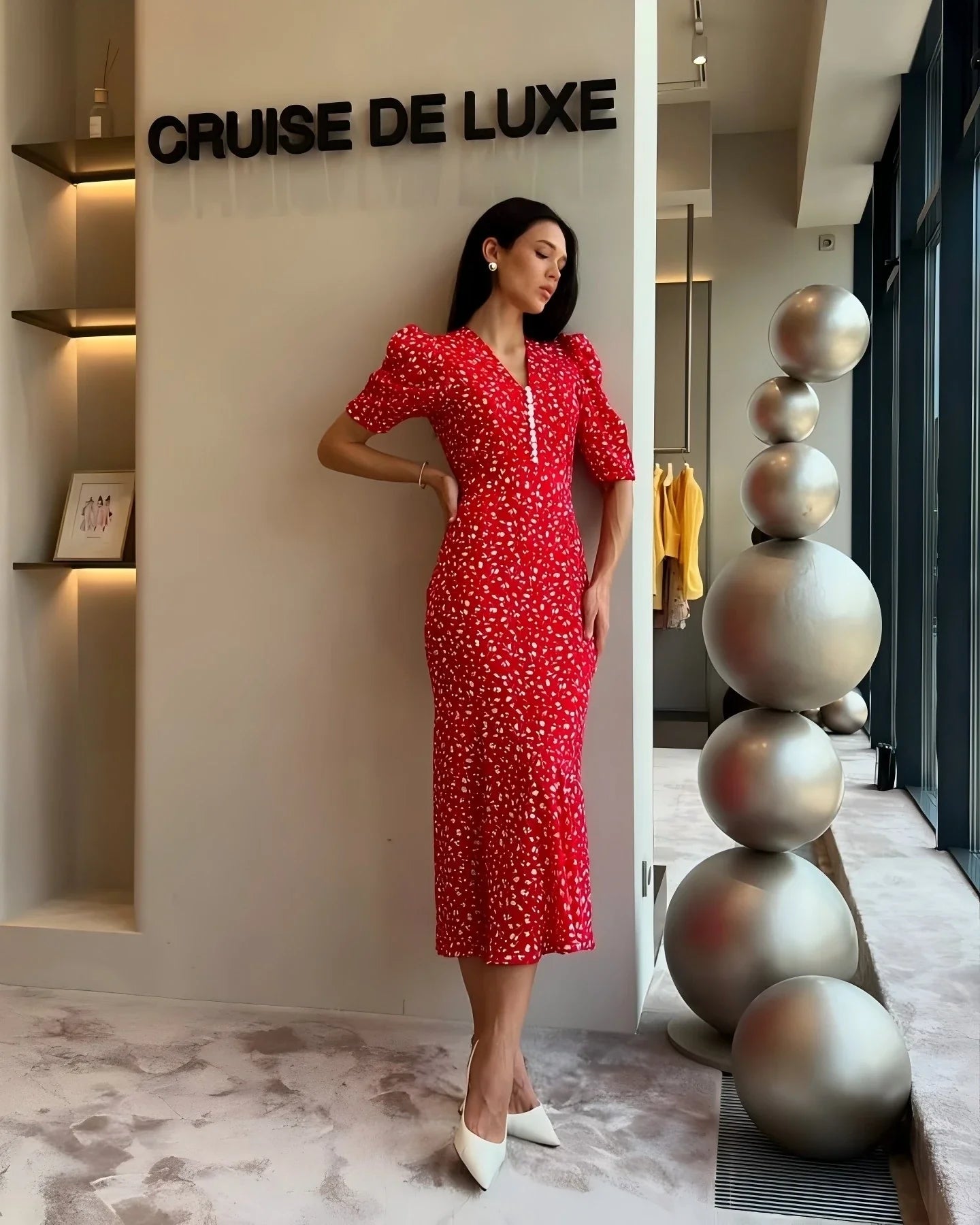 Half-Sleeve Polka Dot Midi Dress