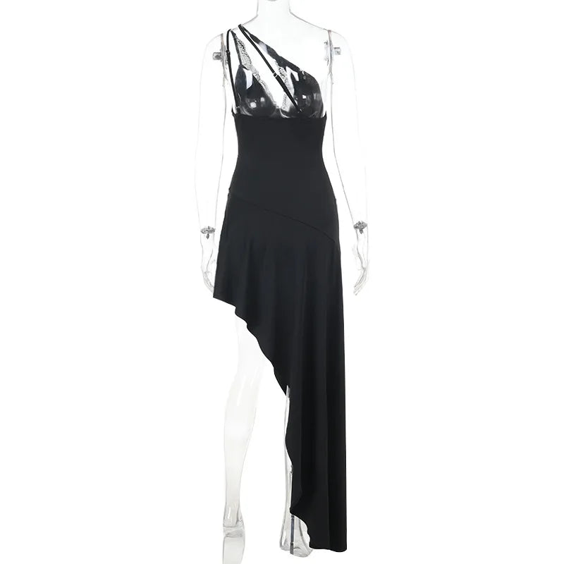 Black Slant Shoulder Lace Spliced Slit Maxi Dress