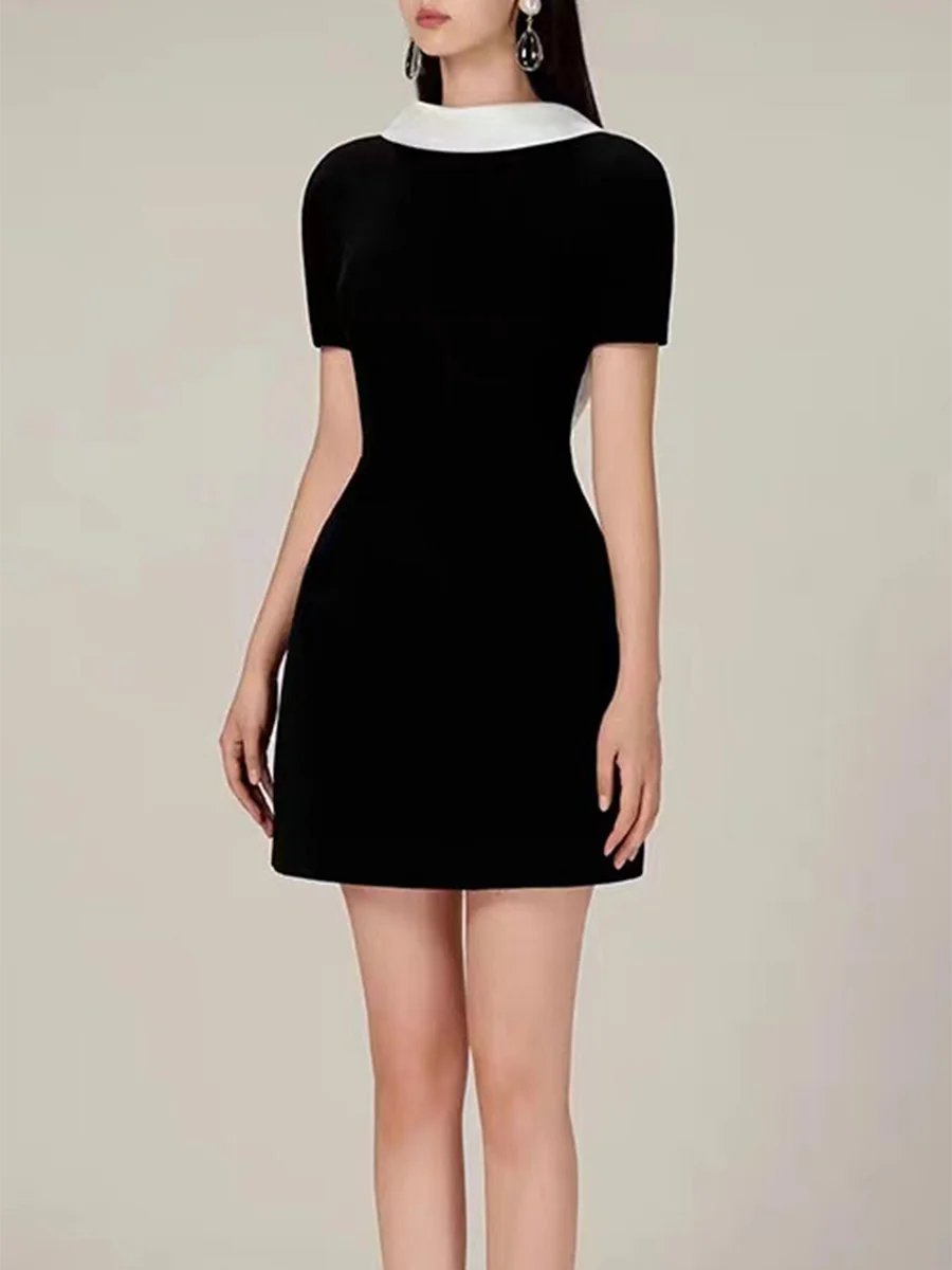 Black Velvet Short Sleeve Satin Trim Mini Dress