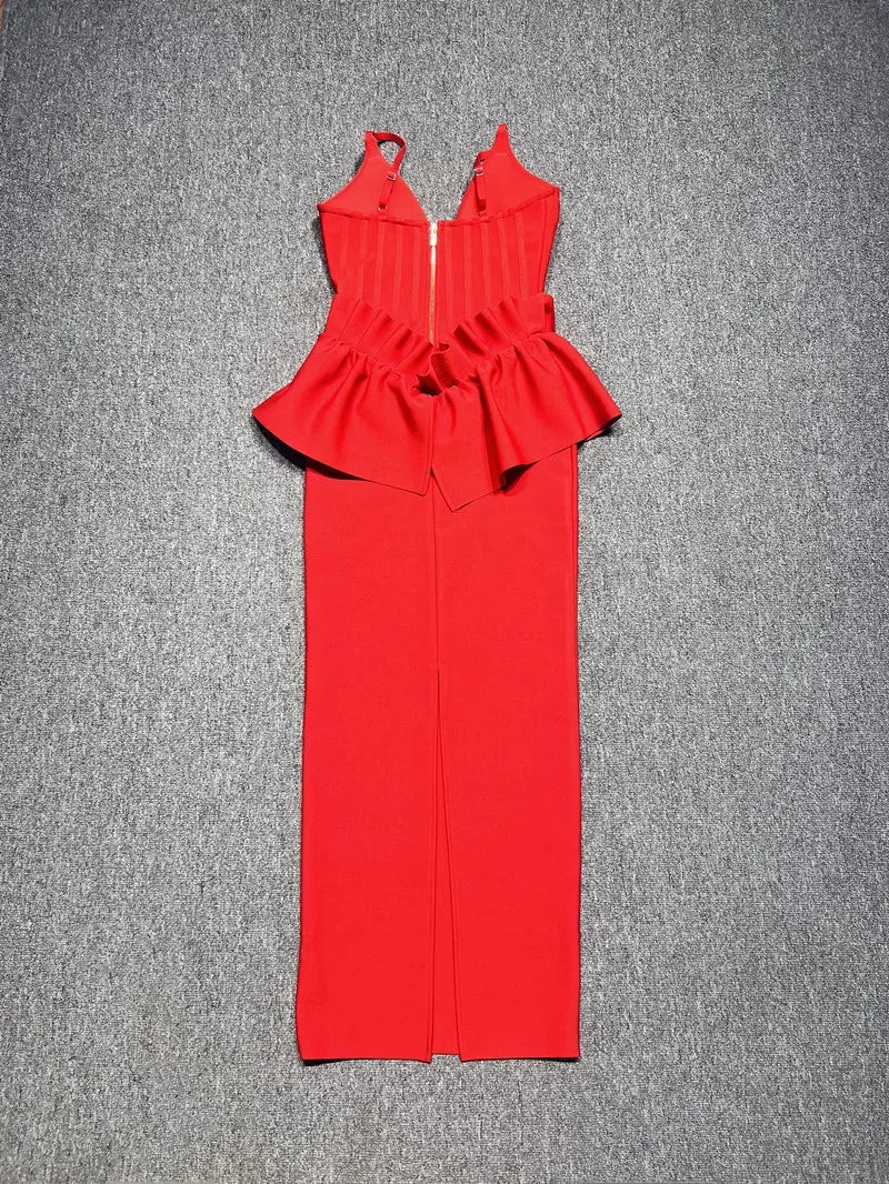 Red Ruffles V-Neck Maxi Bodycon Dress - Elegant Evening & Party Outfit