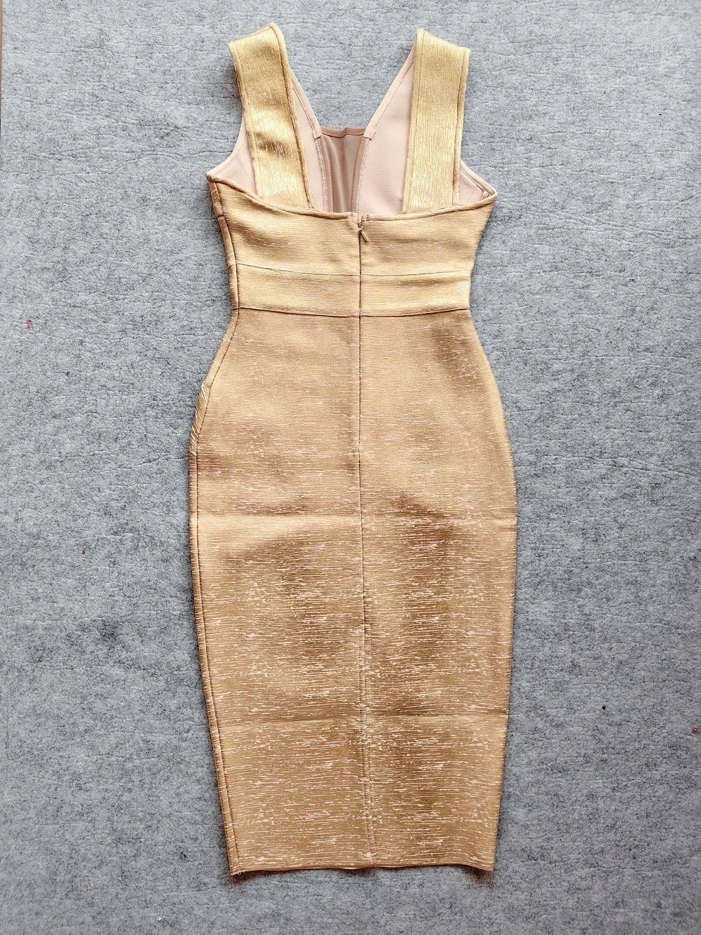 Gold Metallic Bandage Midi Dress | Plunge V Evening Silhouette