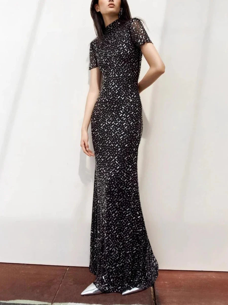 Black Beaded Sheath Dress | Elegant Short Sleeve Gown