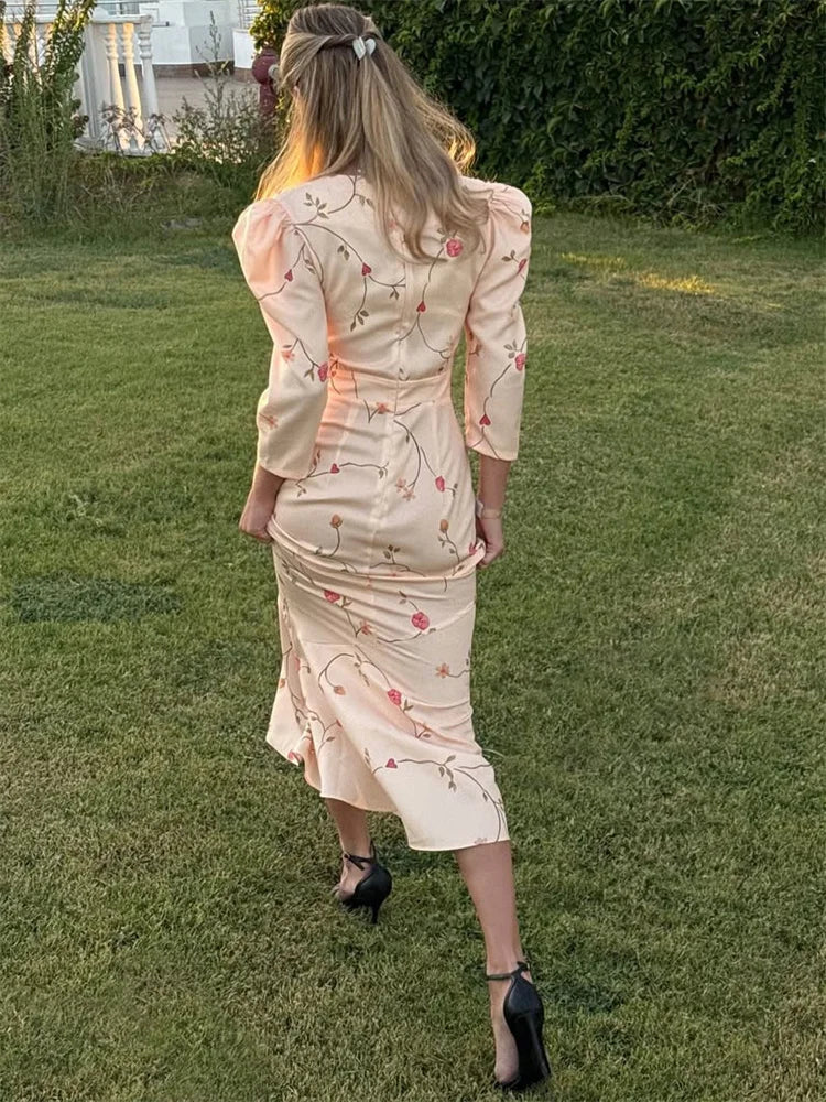 Peach Floral Chiffon Dress | Vintage-Inspired Midi for Garden Soirées