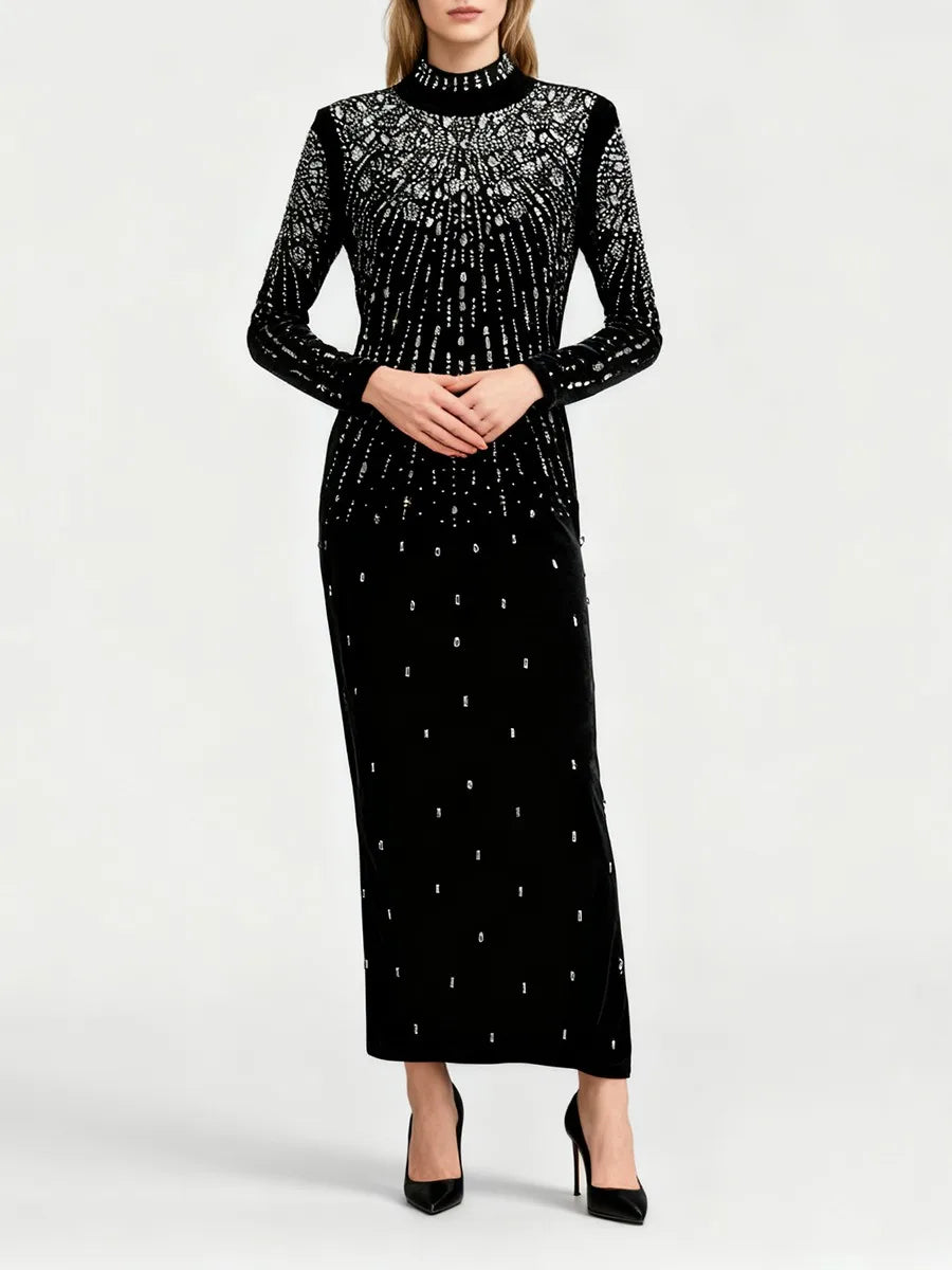 Sequin Beaded High Neck Long Sleeve Maxi Dress
