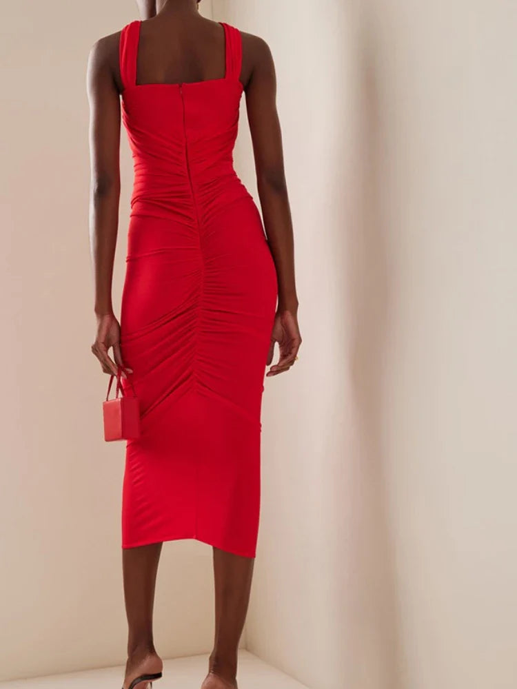 Red Cut-Out Bodycon Midi Dress with Ruched Flower Detail