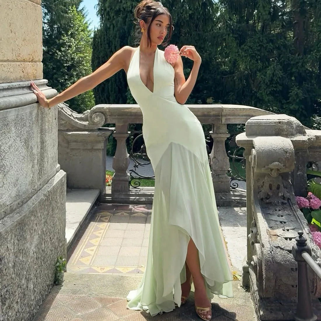Green Halter Deep V Backless Maxi Dress