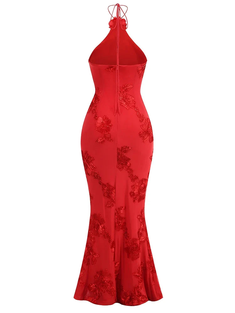Red Halter Neck 3D Ribbon Flower Dress | Backless Floor Gown
