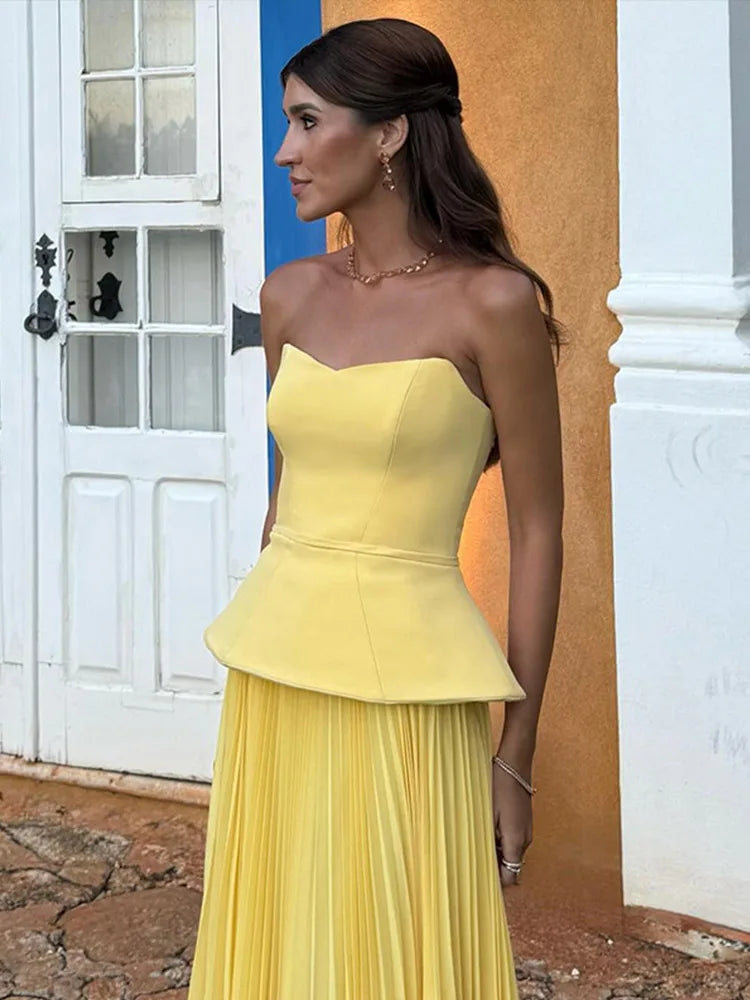 Yellow Strapless Patchwork Pleated Maxi Dress - Summer Chic Holiday