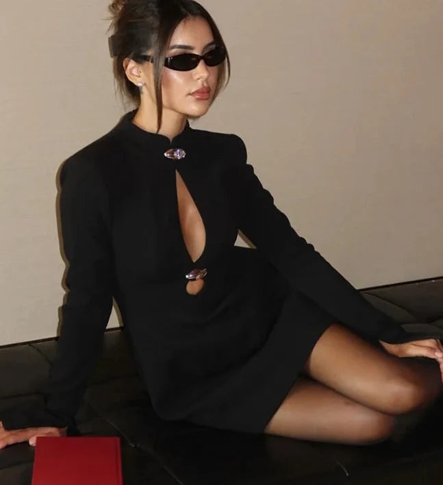 Shoulder Pad Cut Out Black Mini/ Maxi Dress