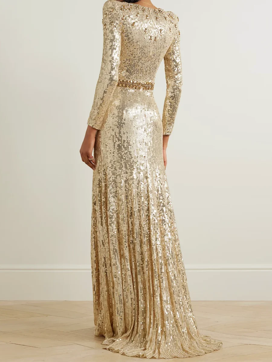 Gold & Black Sequin Gown | Elegant Long Sleeve Evening Dress