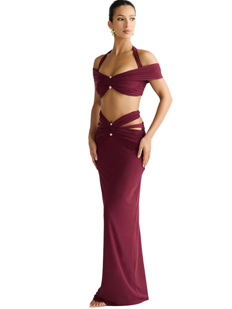Burgundy Cutout Halter Two-Piece Set, Maxi Skirt