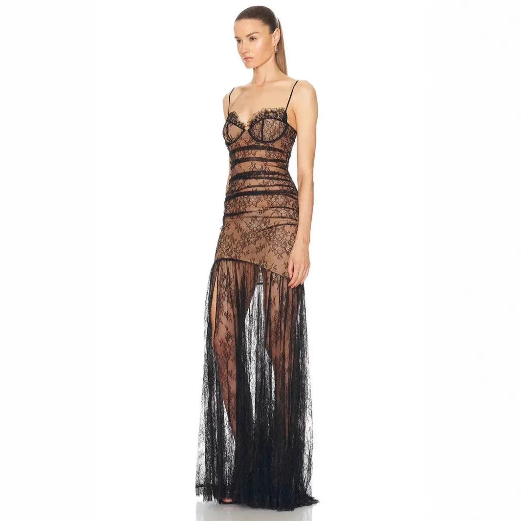 Black Lace Mesh Bodycon Gown with Sheer Overlay