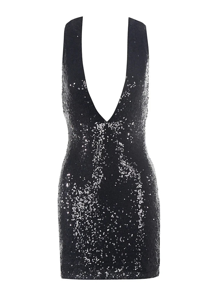 Black sequin dress with a deep neckline on a white background