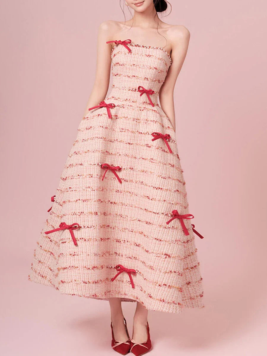 Pink Tweed Bowknots Strapless Maxi Dress