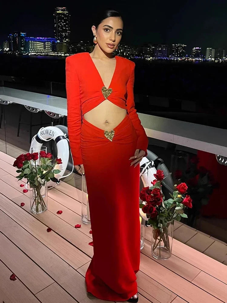 Red V-Neck Cutout Gown with Metal Heart Accent