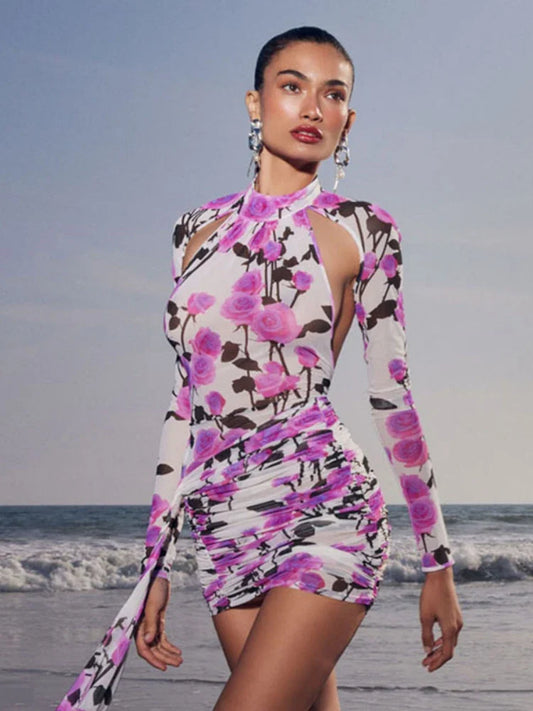 Floral Print Long Sleeve Cut Out Ruched Mini Dress