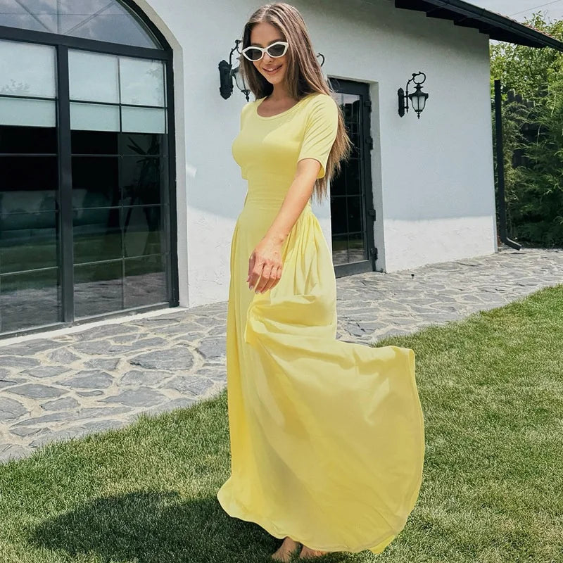Yellow Short Sleeve Maxi Dress | High Waist Pleated Evening Style