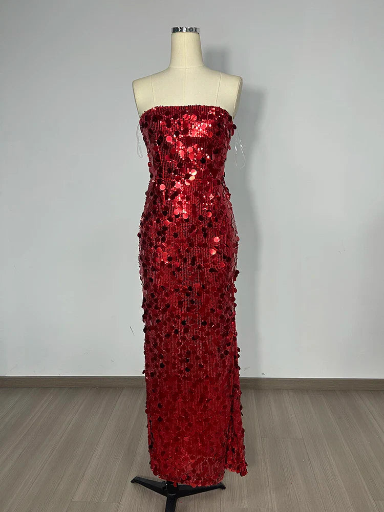 Red Strapless Sequin Gown with Sculpted Sheath Silhouette