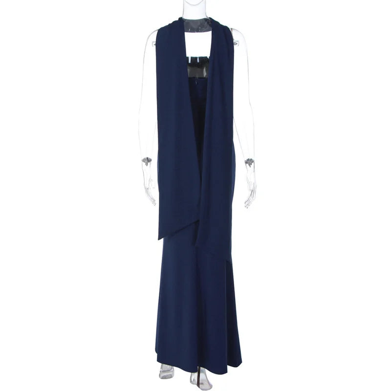 Strapless Maxi Dress with Sculpted Scarf Collar