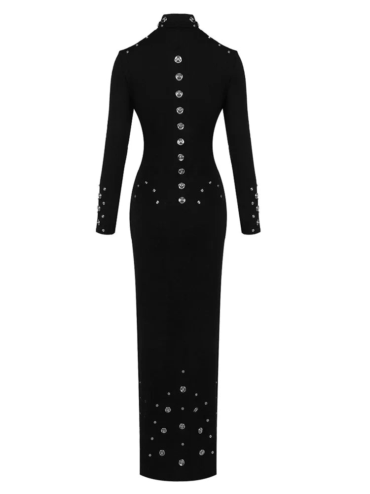 Turtleneck Metal Rivet Design Long Dress