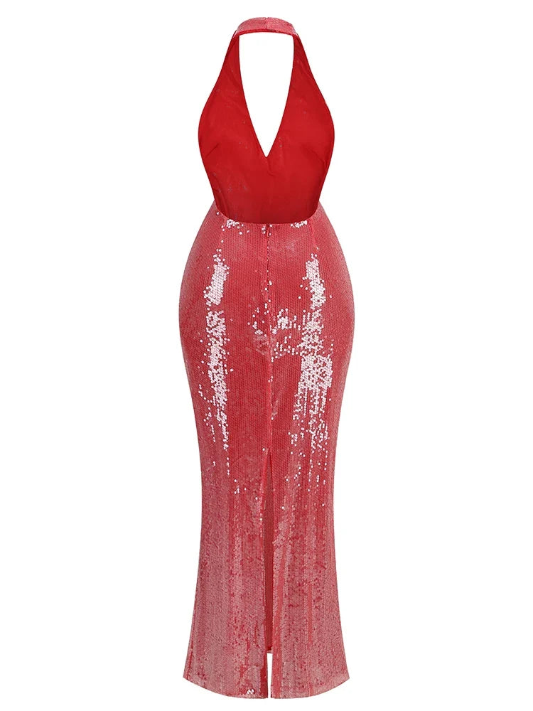 Pink Halter Deep V-Neck Sequin Gown with Fluid Drape