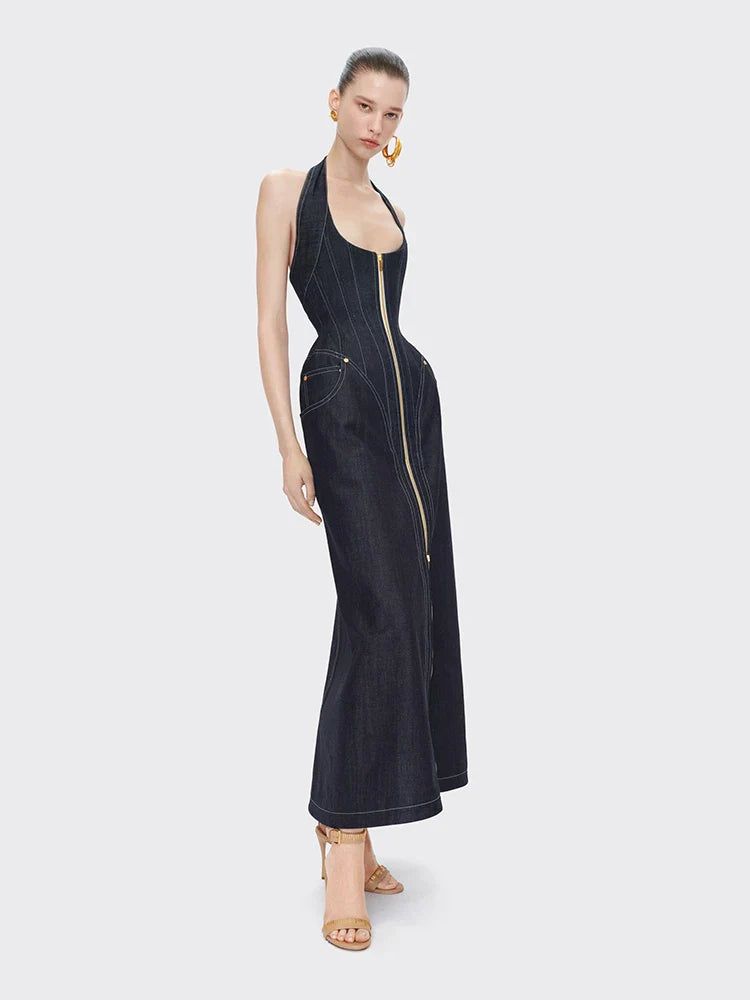 Denim Halter Neck Backless Maxi Dress