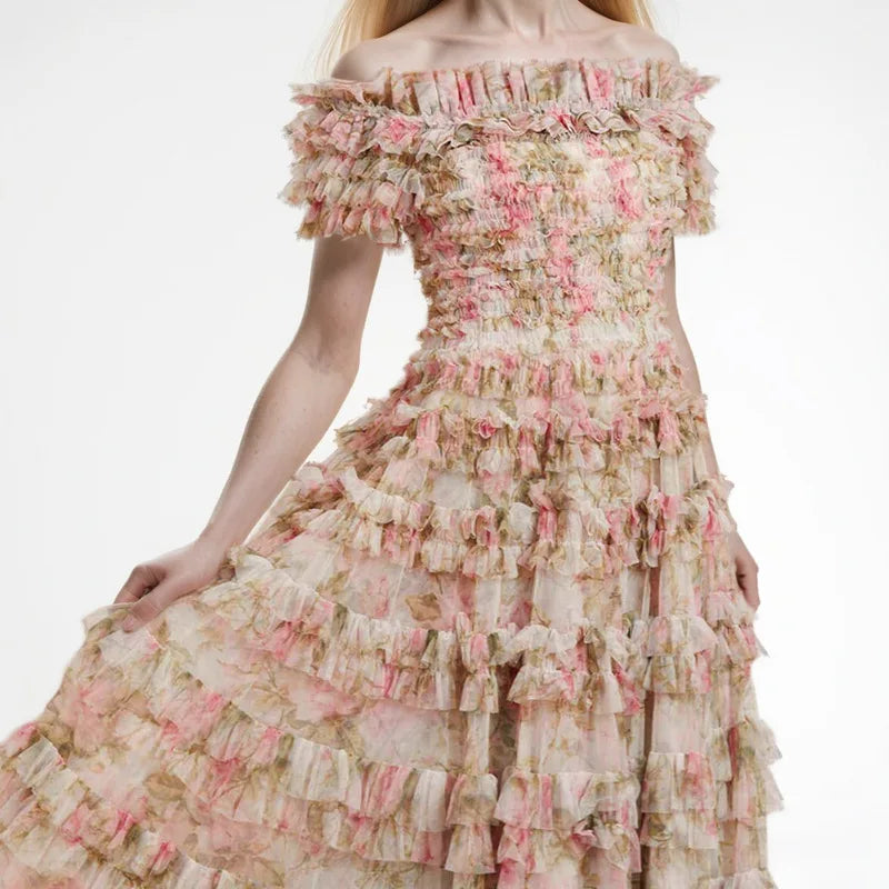 Print Ruffle Mesh Off-shoulder Maxi Dress