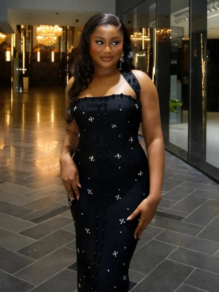 Black Halter Neck Diamond Beaded Bodycon Dress | Evening Glamour