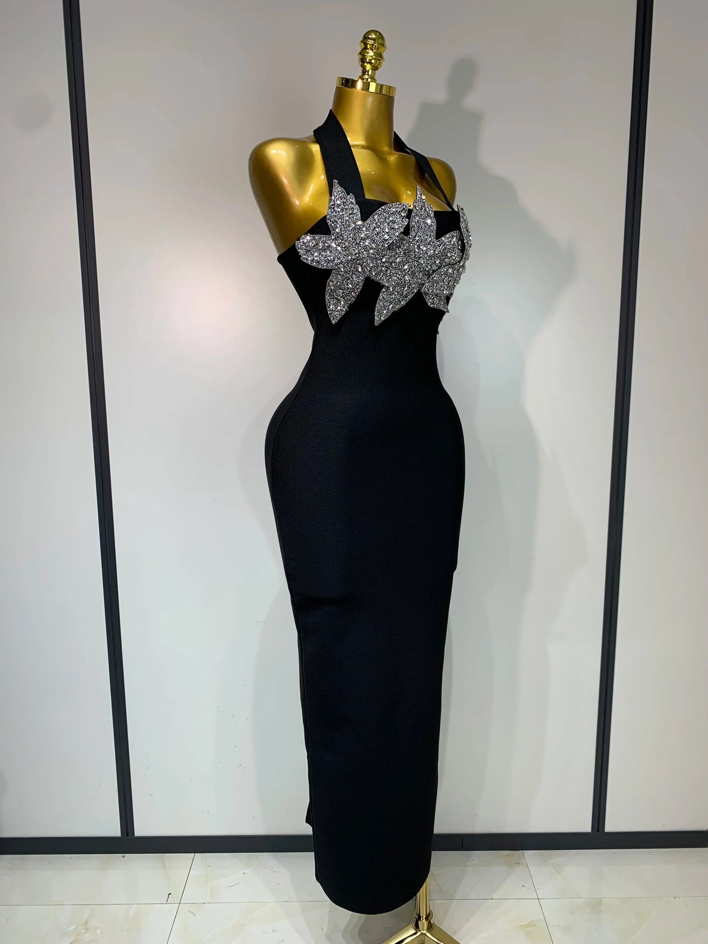 Black Halter Backless Shiny Diamond Flower Bodycon Dress