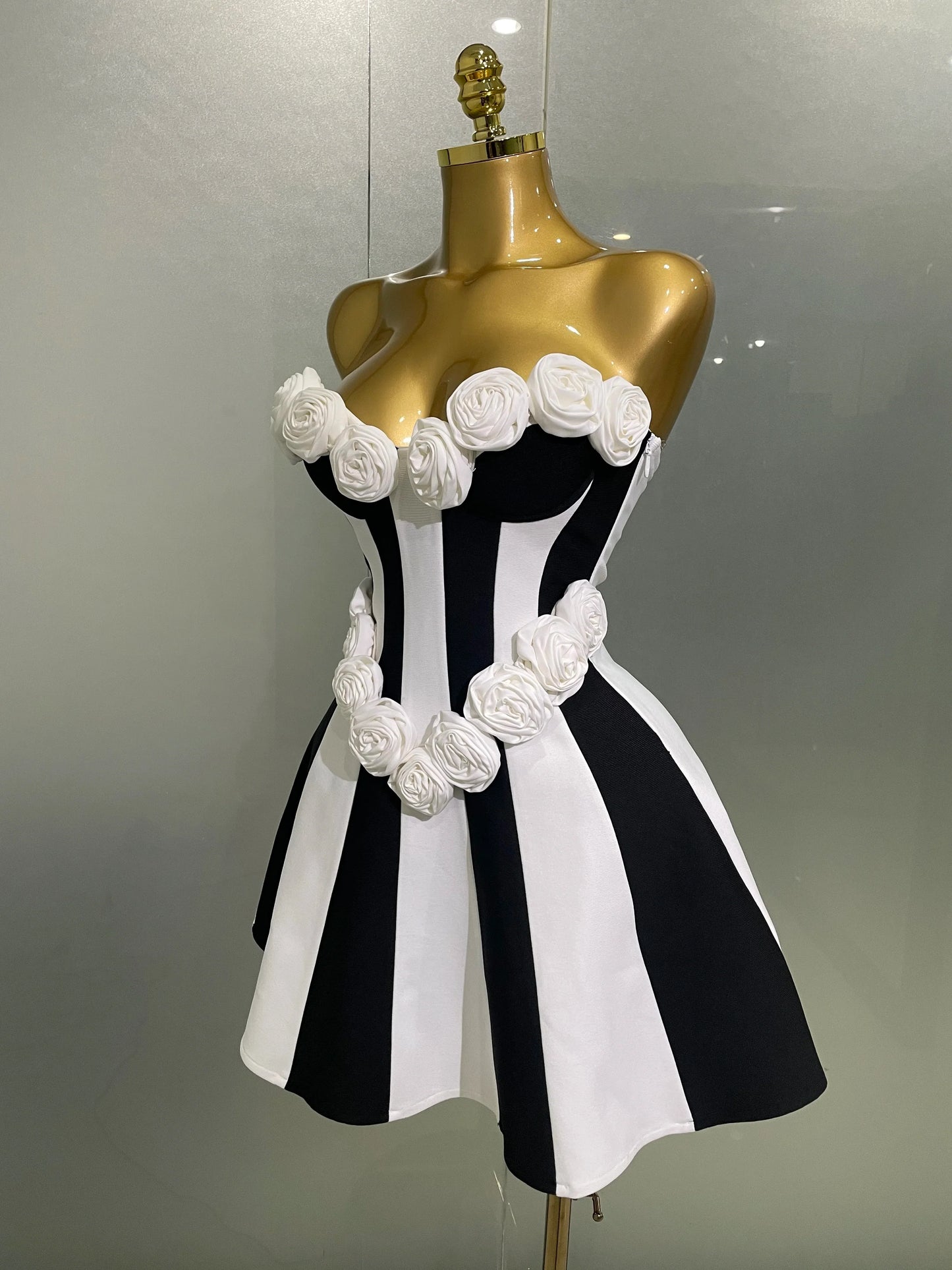 Black & White Flower Strapless Mini Dress