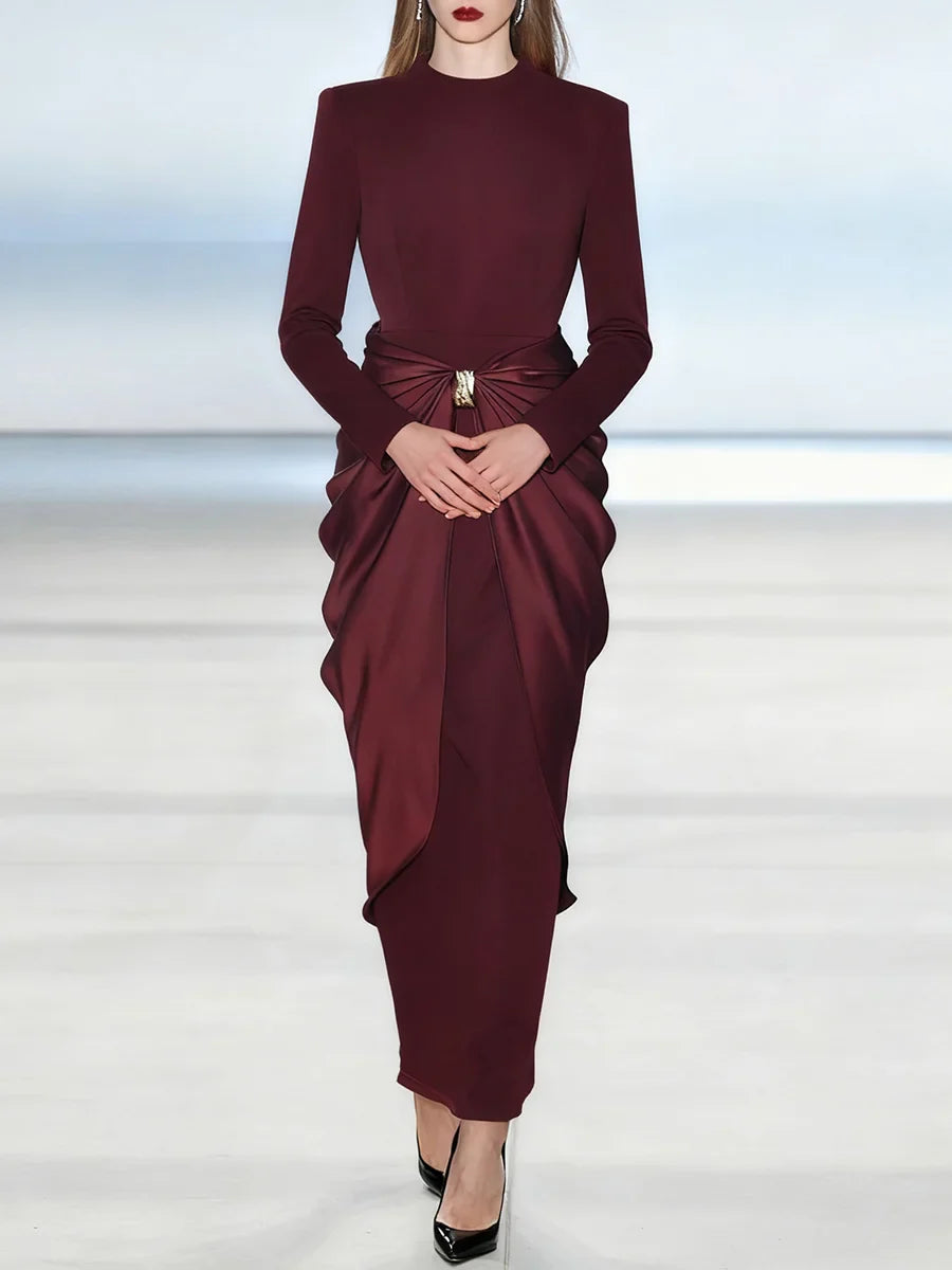 Satin Drape Maxi Dress with Shirred Waist and Long Sleeves
