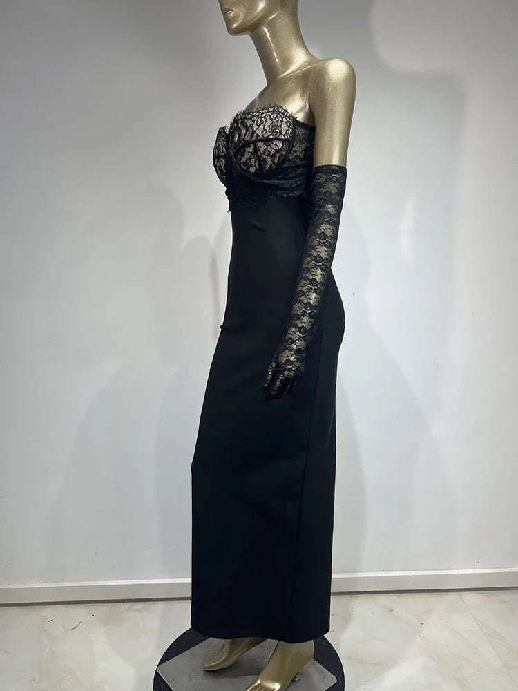 Black Strapless Lace Patchwork Dress | Bodycon Evening Gown