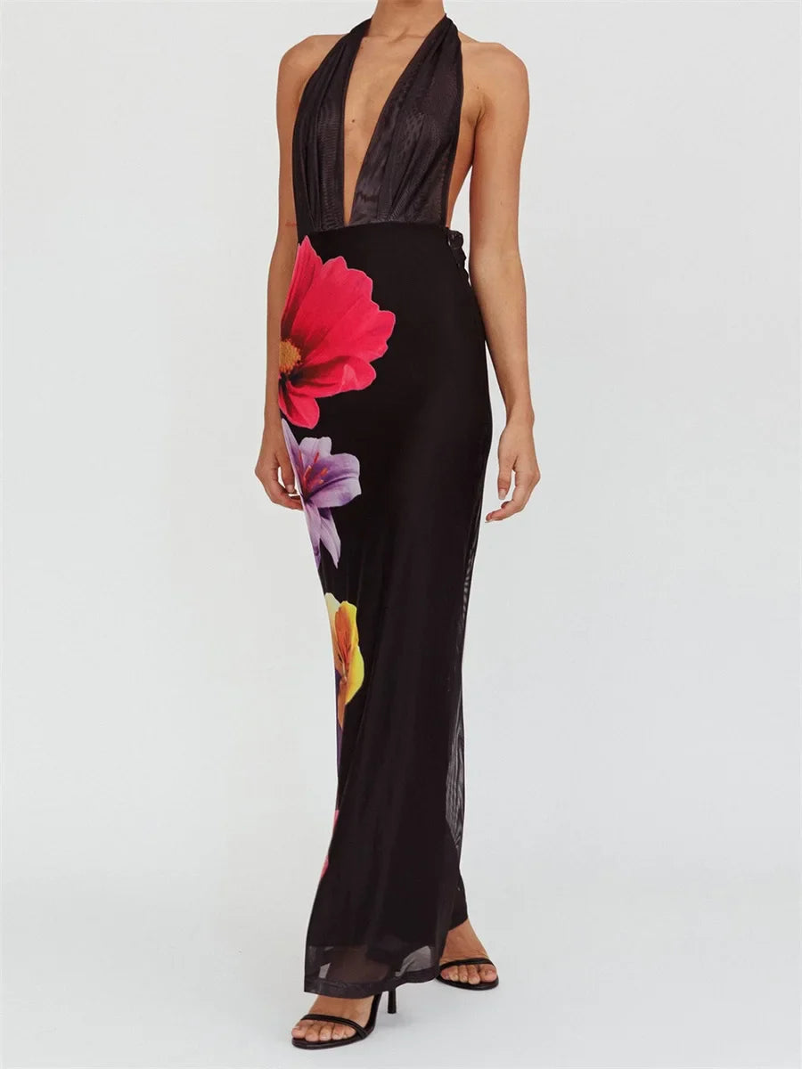 Floral Print Deep Neck Halter Drape Maxi Dress