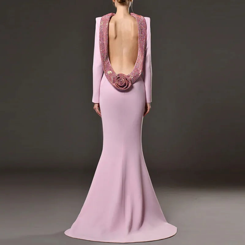 Light Purple Backless 3D Flower High Waist Evening Maxi Dres