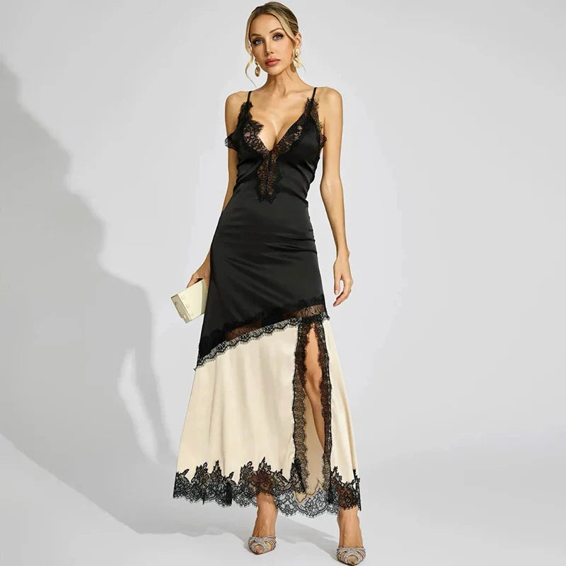 Lace Trim Satin Patchwork Slit Midi Dress