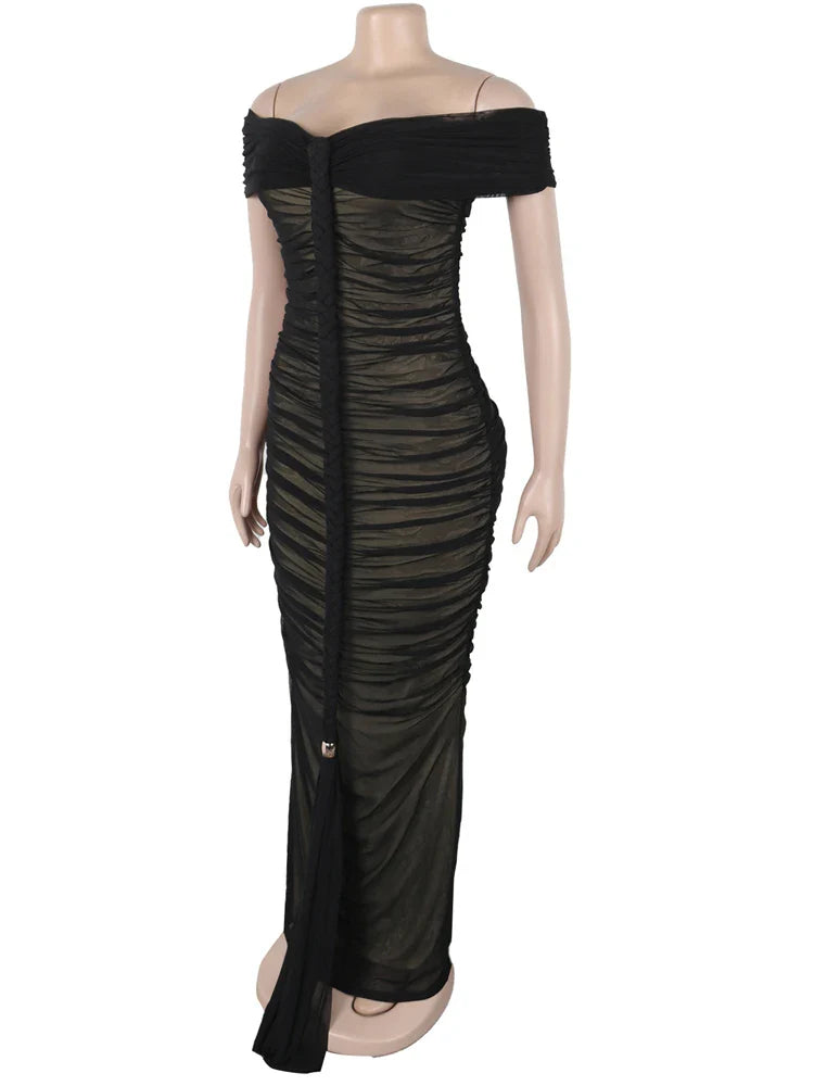 Luxe Goddess Ruched Mesh Maxi Dress - Off Shoulder Vacation Gown
