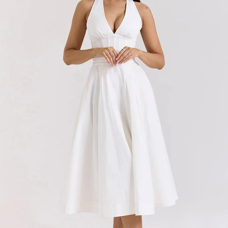 Floral Halter Midi Dress – Deep V Neck Backless Summer A-Line Sundress