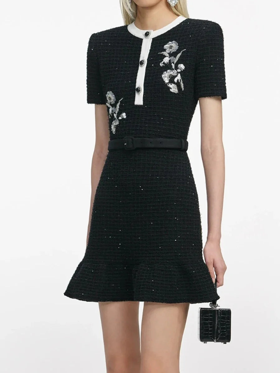 Embroidered Round Neck Short Sleeve Knitted Mini Dress