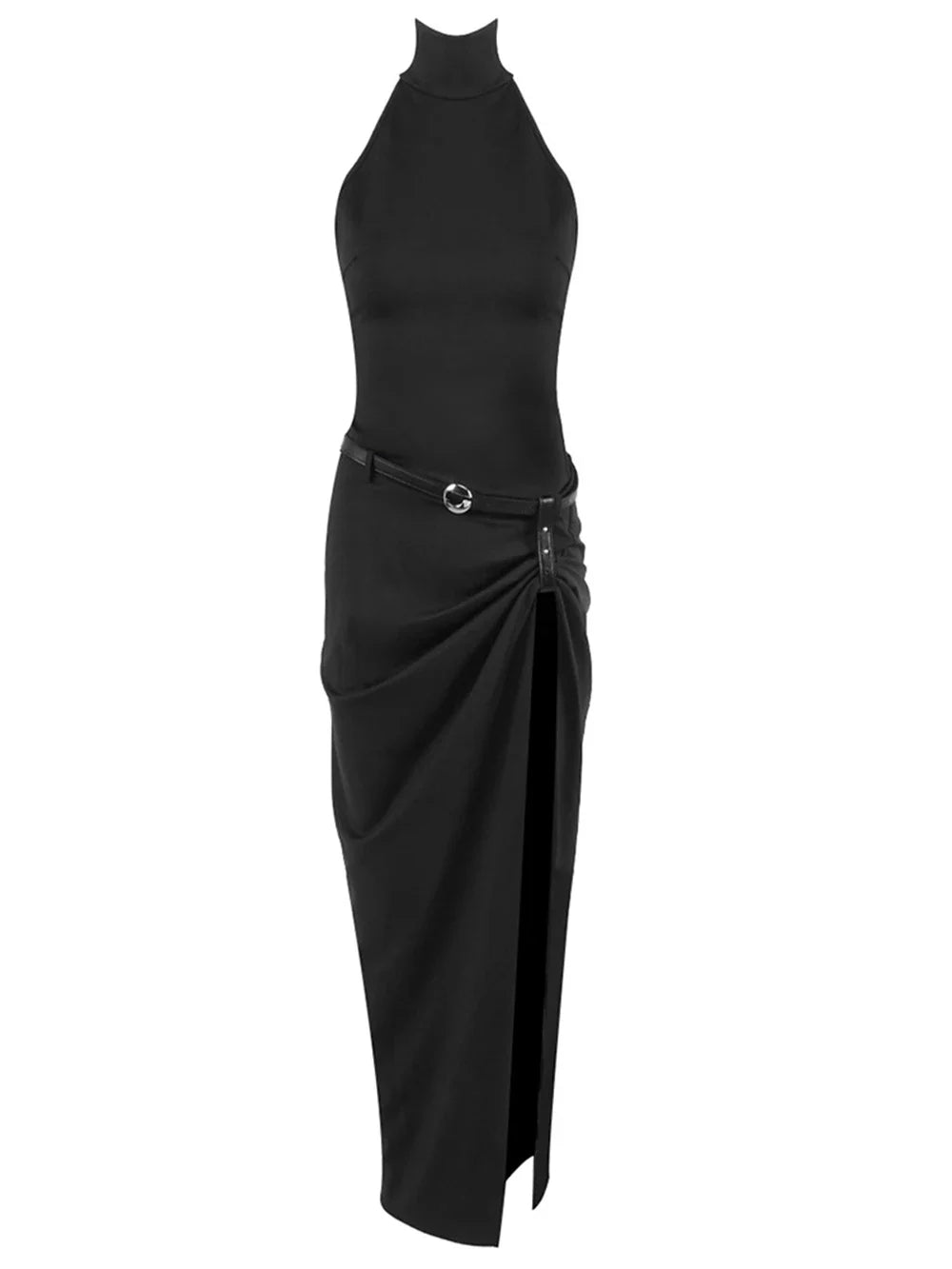 Black Backless Halter Belt Slit Ankle Dress