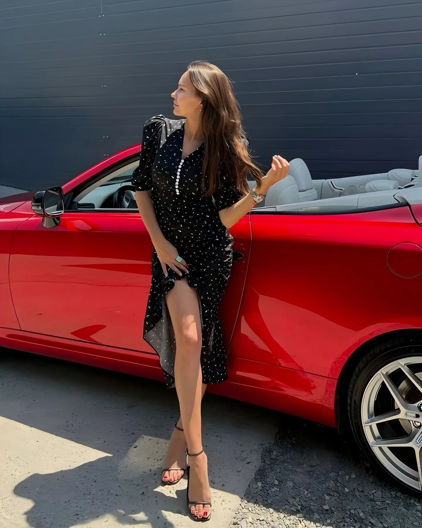 Half-Sleeve Polka Dot Midi Dress