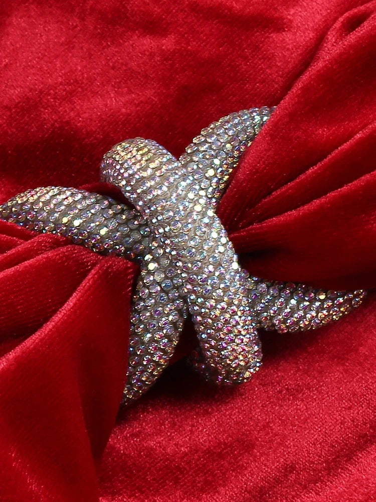 Red Velvet One-Shoulder Draped Gown with High Split