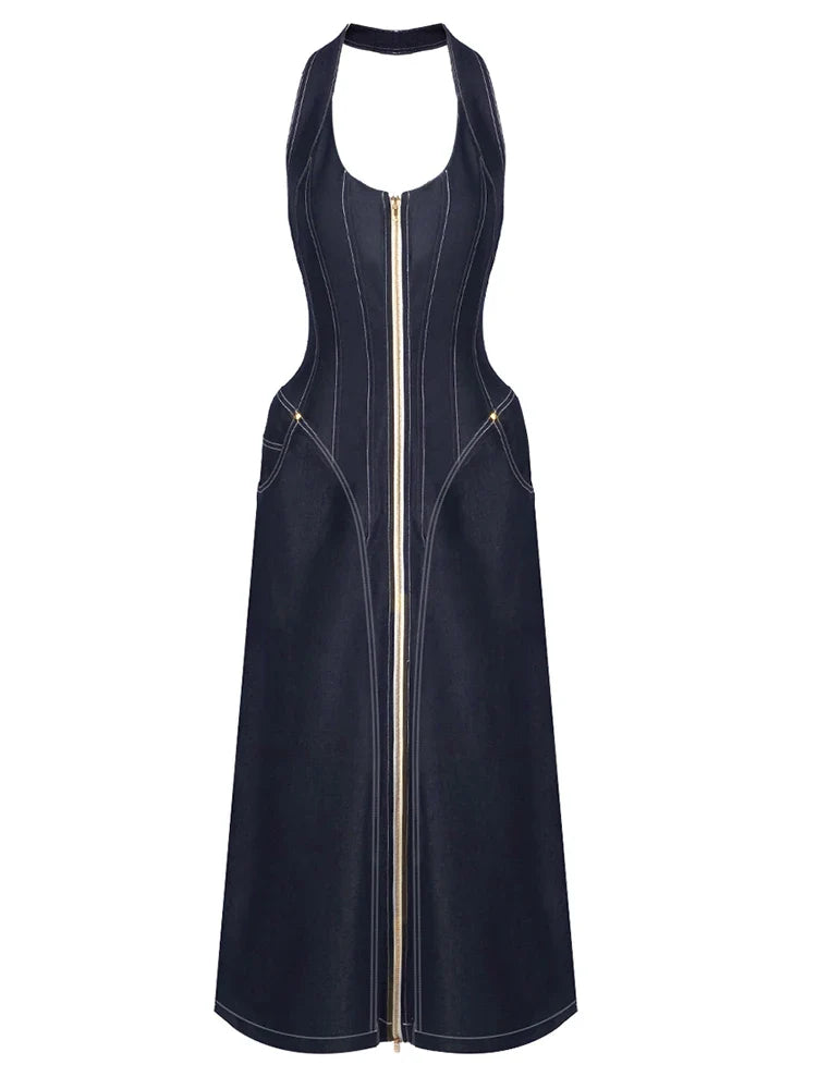 Black sleeveless dress with a zipper on a white background