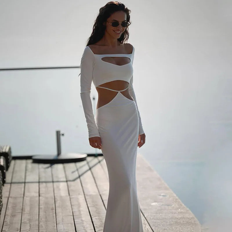 White Cut-Out Slash Neck Maxi Dress | Knit Party Statement