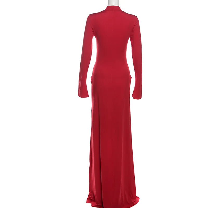 Elegant Red Long Sleeve Maxi Dress – Formal Party & Evening Gown