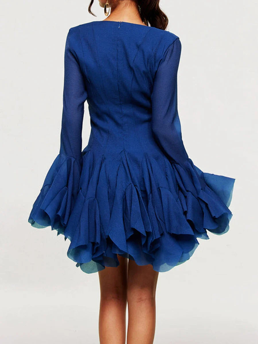 Royal Blue Ruffle Mini Dress with Long Sleeves