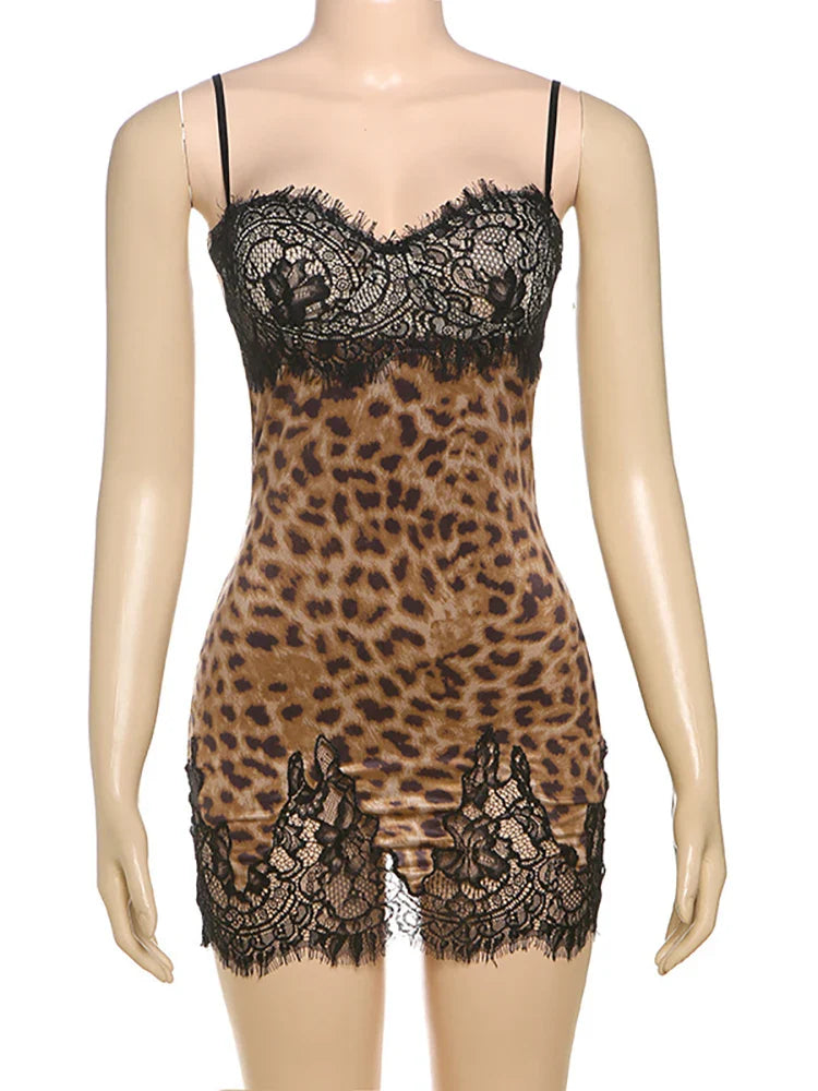 Patchwork Leopard Print Mini Dress - Spaghetti Strap High Waist